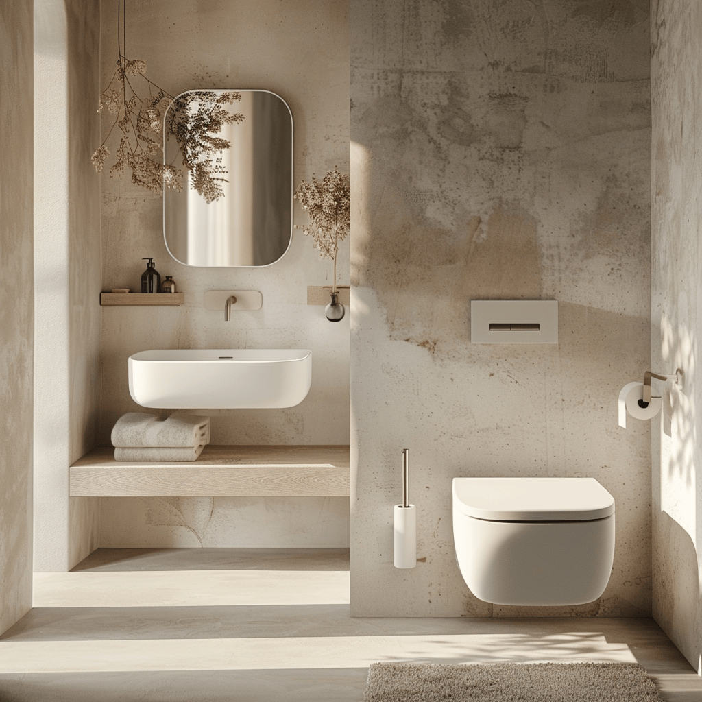 Scandinavian bathroom with a cleanlined wallmounted sink and a streamlined concealedcistern toilet