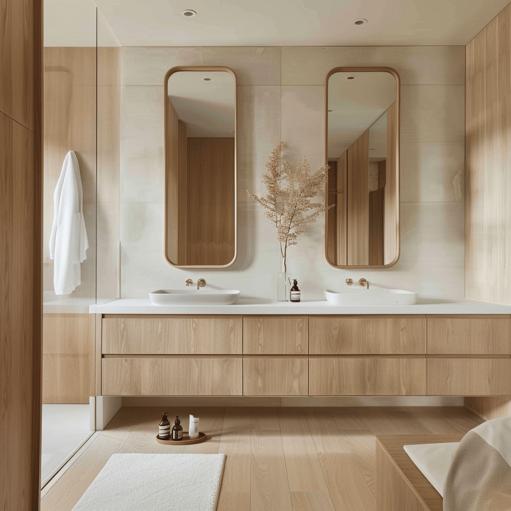 Scandinavian bathroom with a light wood floor a floating wood vanity and woodframed mirrors