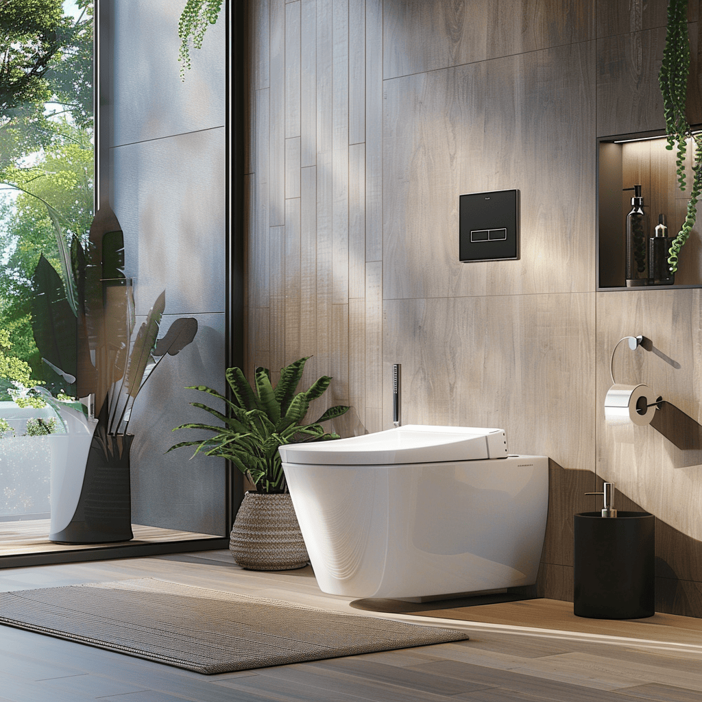 Scandinavian bathroom with a lowflow motionsensor faucet and a dualflush watersaving toilet