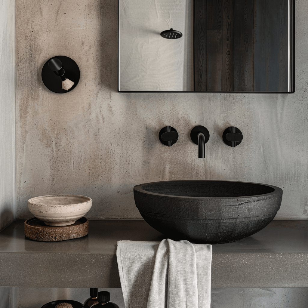 Scandinavian bathroom with a matte black wallmounted faucet and matching towel bars