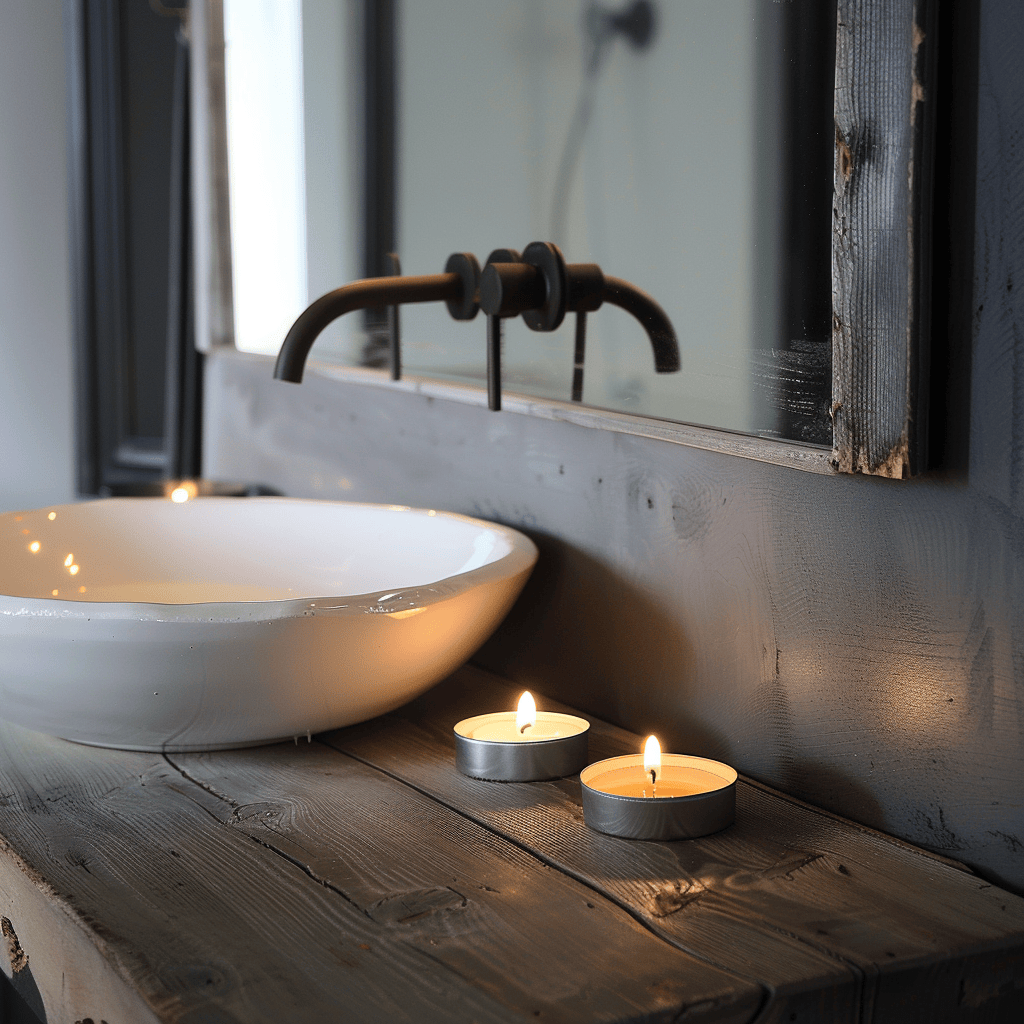 Scandinavian bathroom with a row of small flickering tea light candles placed in a minimalist wall mounted holder