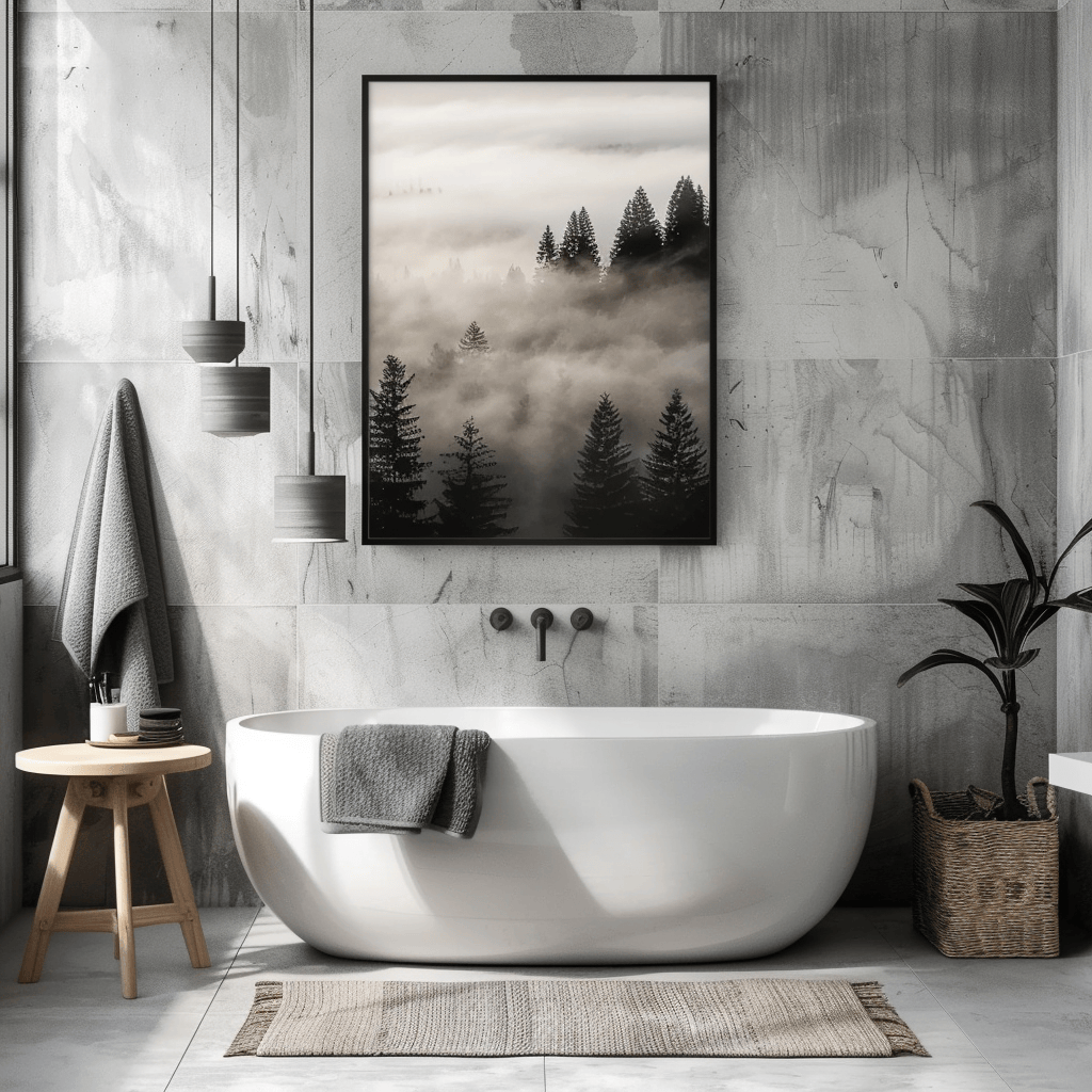 Scandinavian bathroom with a striking black and white photograph of a misty forest landscape hung above the bathtub