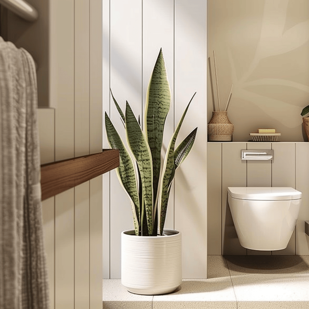 Scandinavian bathroom with a thriving snake plant in a simple white ceramic pot adding a refreshing touch of nature