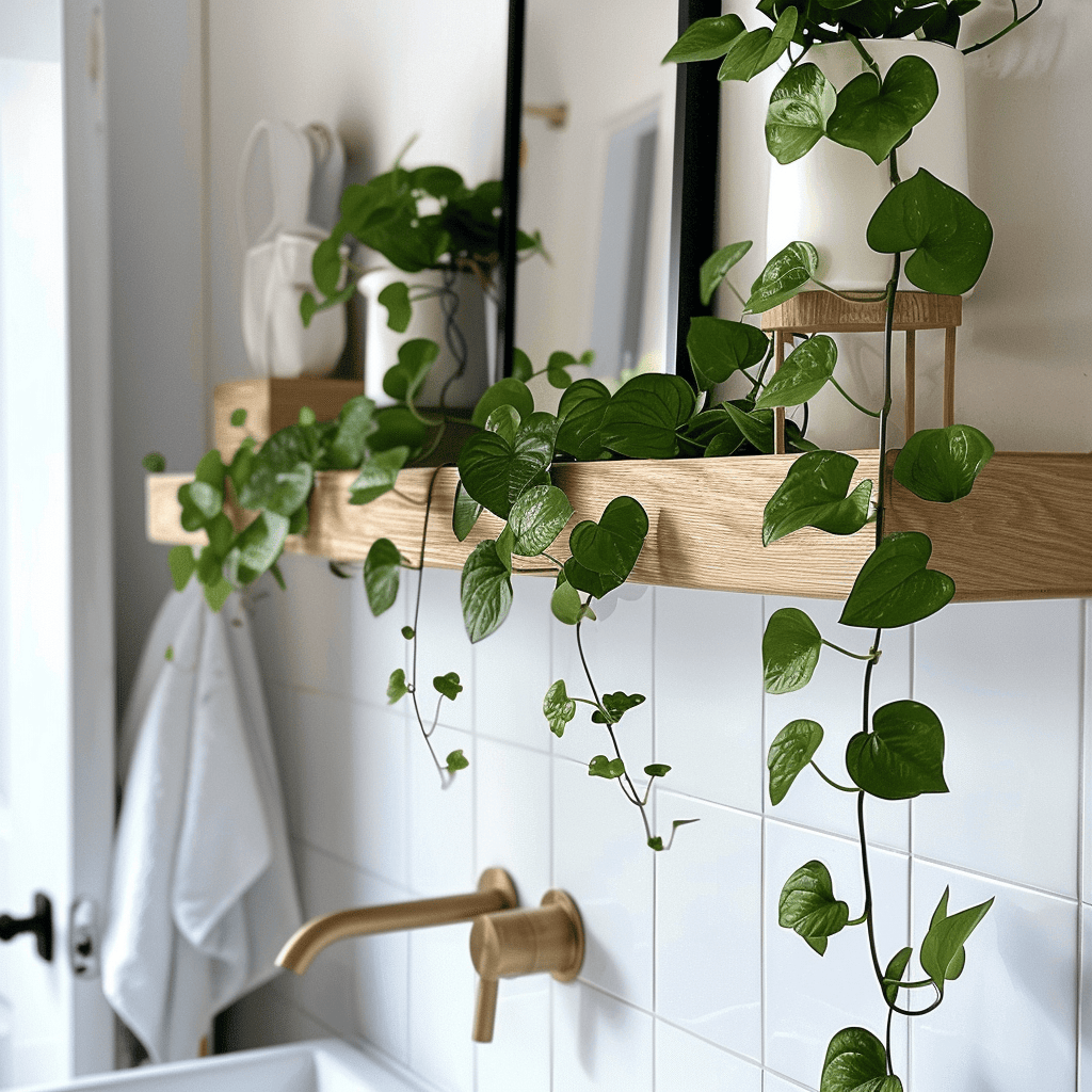 Scandinavian bathroom with a trailing pothos plant on a high light wood shelf