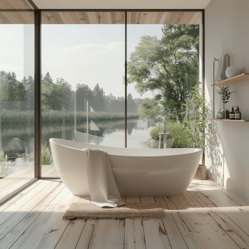 Scandinavian bathroom with freestanding bathtub light wood flooring and large window overlooking nature