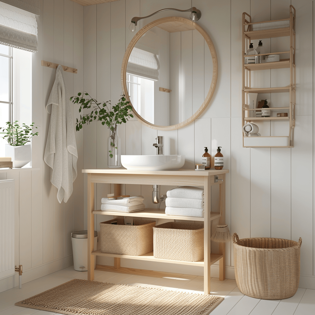 Scandinavian bathroom with light wood accents such as a birch vanity and ash wood shelves adding warmth