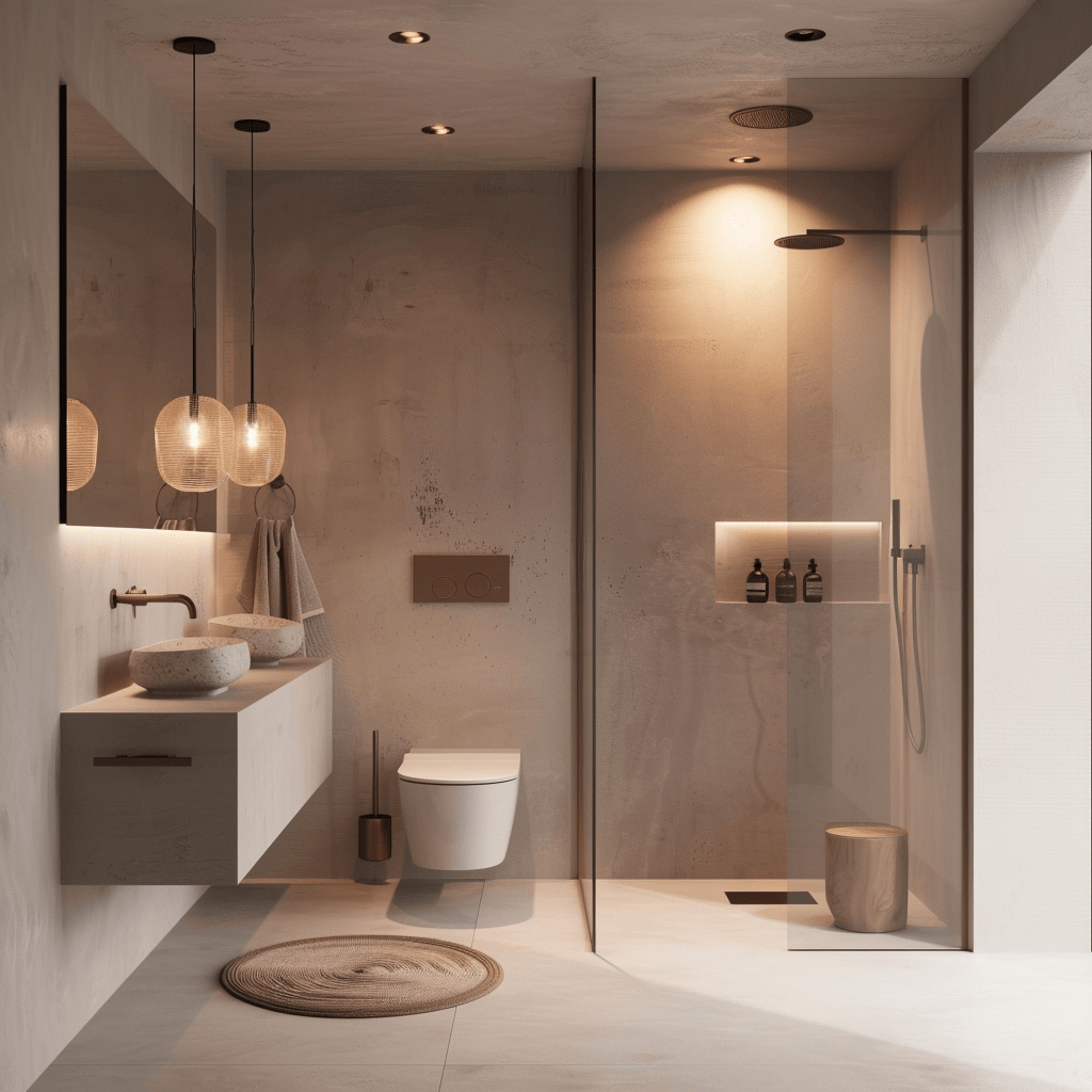 Scandinavian bathroom with minimalist wallmounted toilet frameless glass shower and dimmable pendant lights