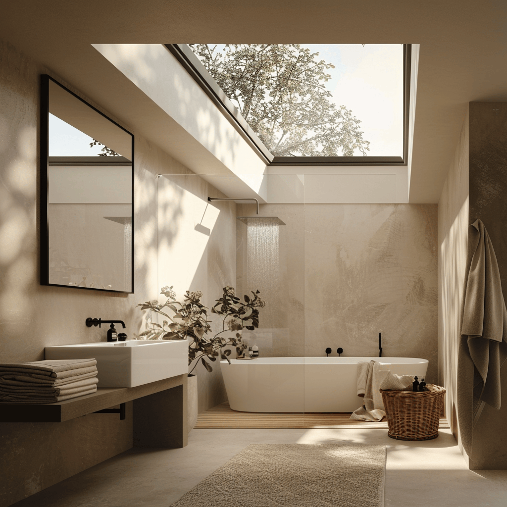 Scandinavian bathroom with recessed LED lighting and a large energy efficient skylight