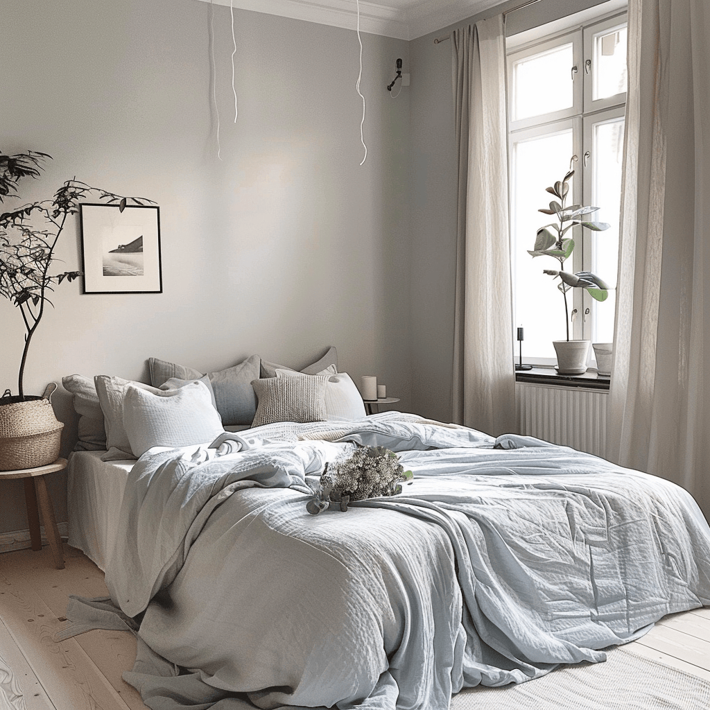 Scandinavian bedroom features a calming, restful atmosphere with a color scheme of light blue, gray, and white, paired with cozy, natural textiles