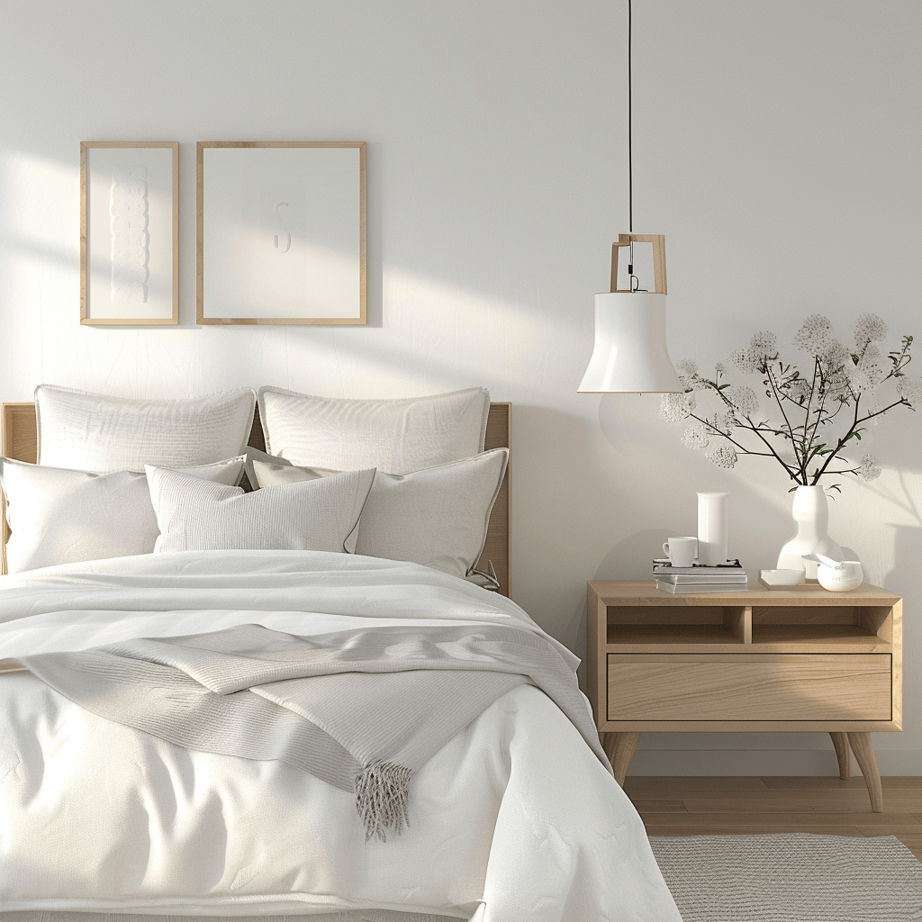 Scandinavian bedroom features a clean, inviting look with white cotton bedding, a gray headboard, and minimalist nightstands