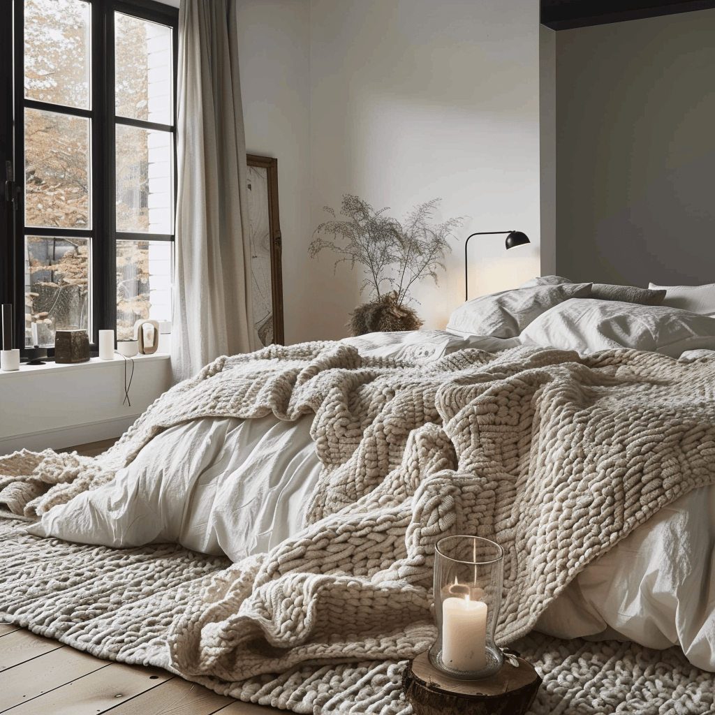 Scandinavian bedroom features a warm, inviting atmosphere created by layering various textures like wool, knit, and linen