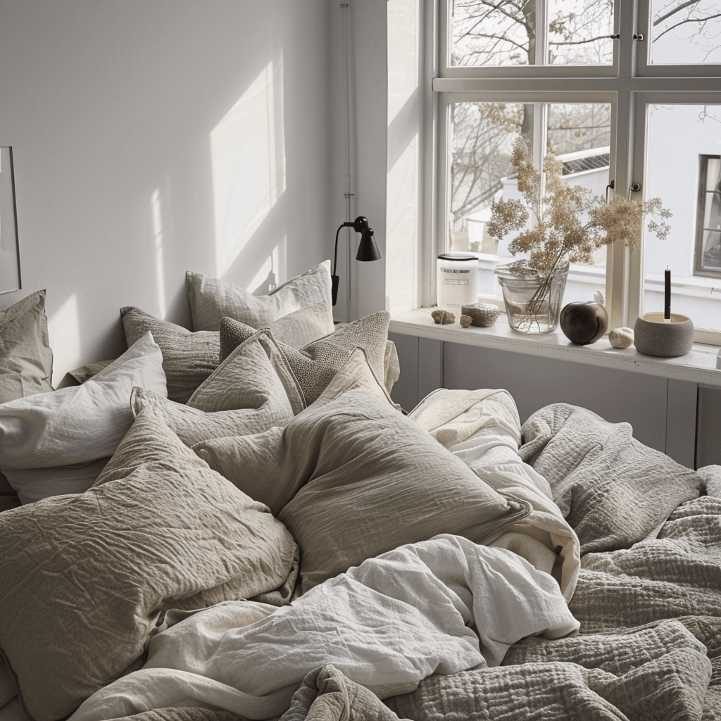 Scandinavian bedroom featuring comfortable bedding that encourages relaxation and indulgence