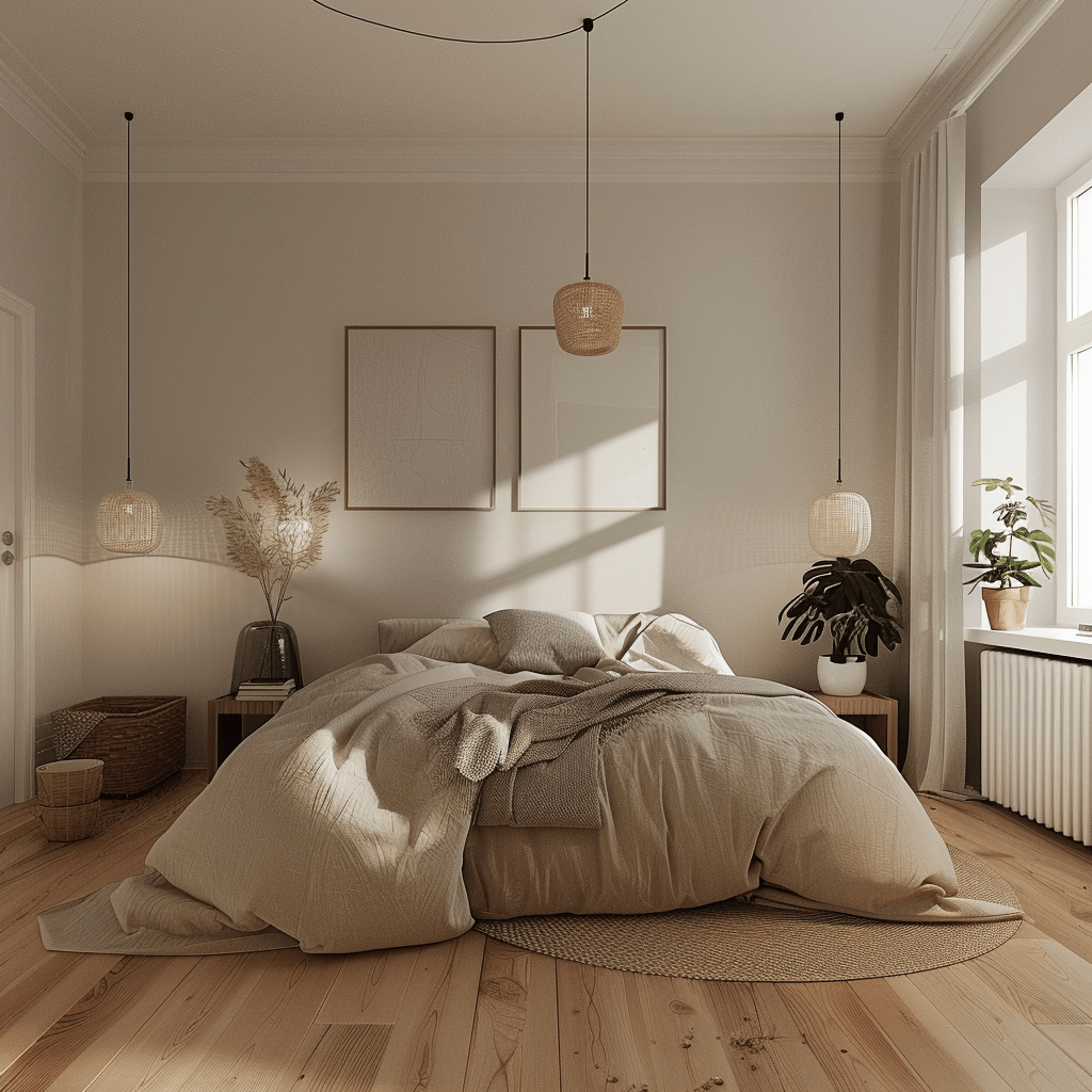 Scandinavian bedroom featuring darker wooden floors, such as oak or walnut, adding depth and richness to the space