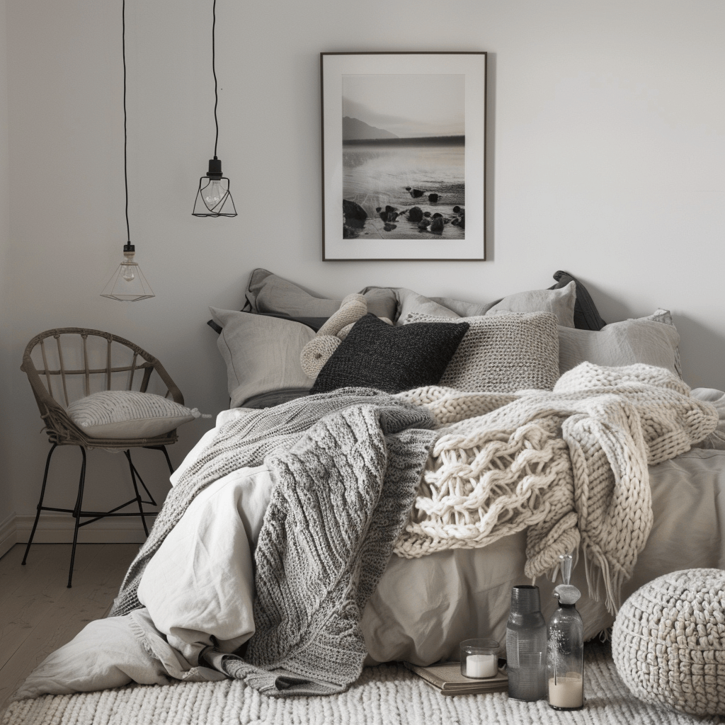 Scandinavian bedroom featuring the comforting and visually appealing presence of chunky knit blankets