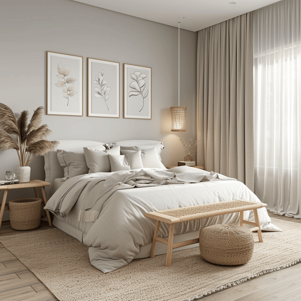 Scandinavian bedroom showcasing a well-curated selection of colors that work together to create a peaceful and inviting atmosphere
