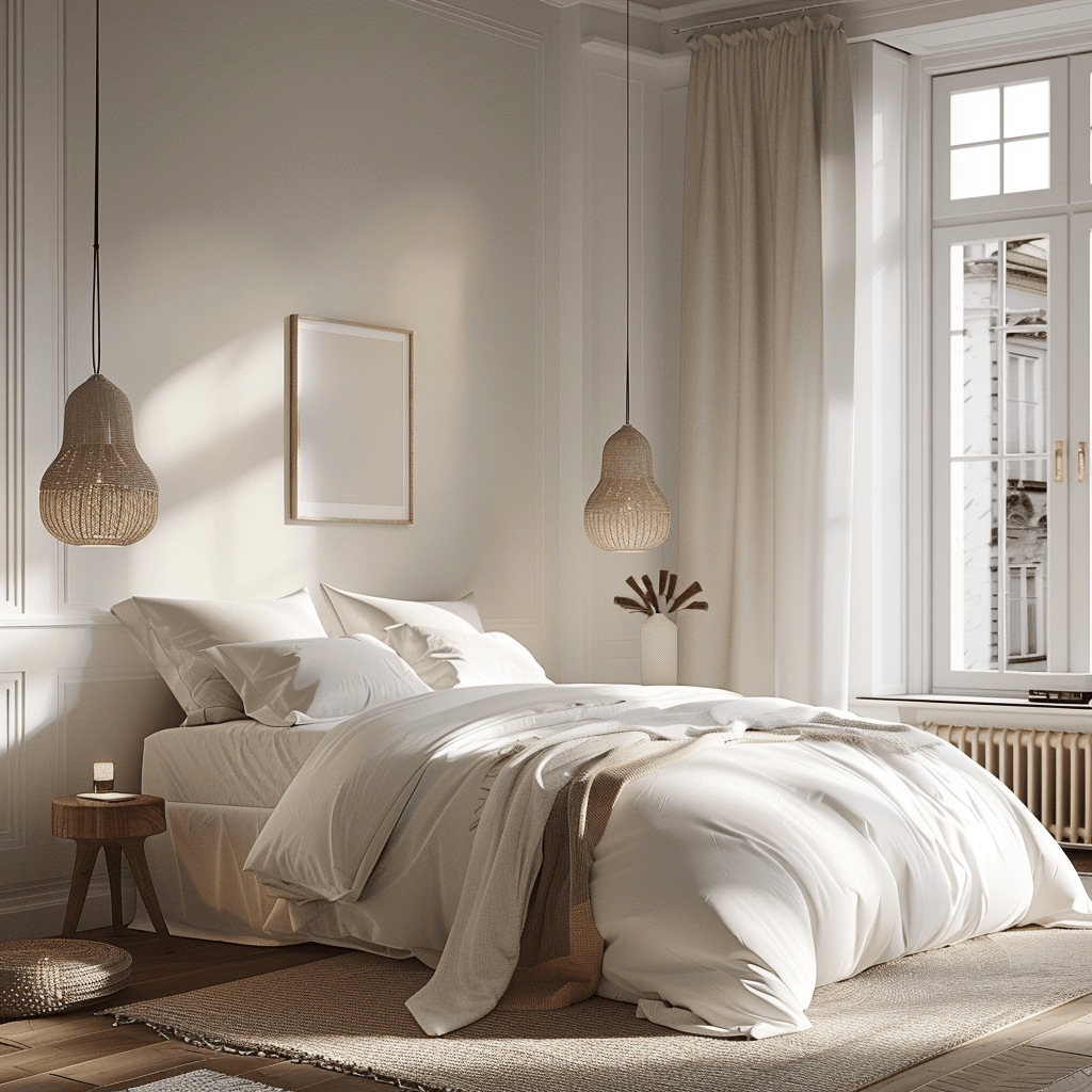 Scandinavian bedroom showcasing the tranquility and spaciousness created by light, neutral colors
