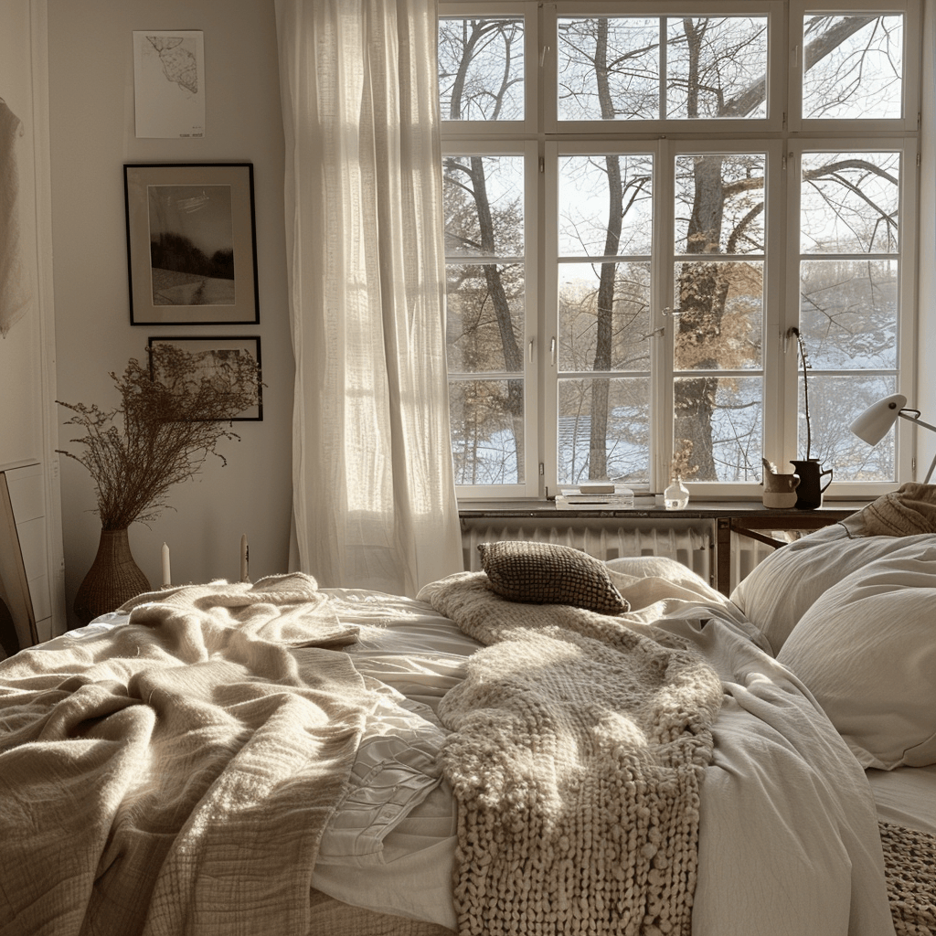 Scandinavian bedroom showcasing the warmth and softness of natural materials through textiles