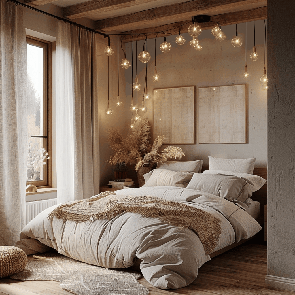 Scandinavian bedroom that embraces the concept of hygge, creating a cozy and comforting space that promotes well-being