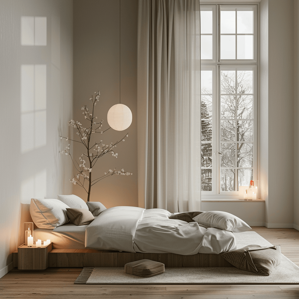 Scandinavian bedroom with a combination of natural and artificial light for a calming atmosphere
