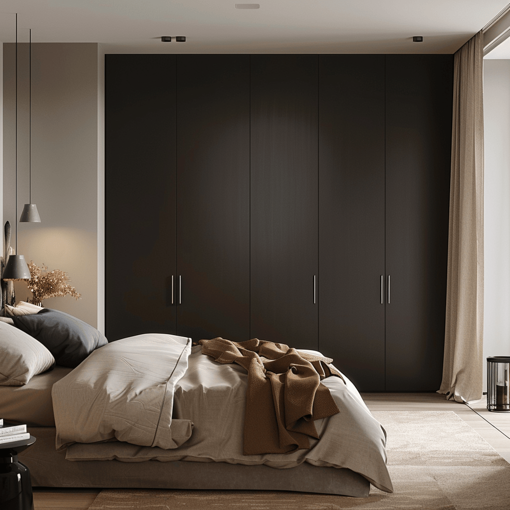 Scandinavian bedroom with a streamlined wardrobe featuring clean lines and simple handles