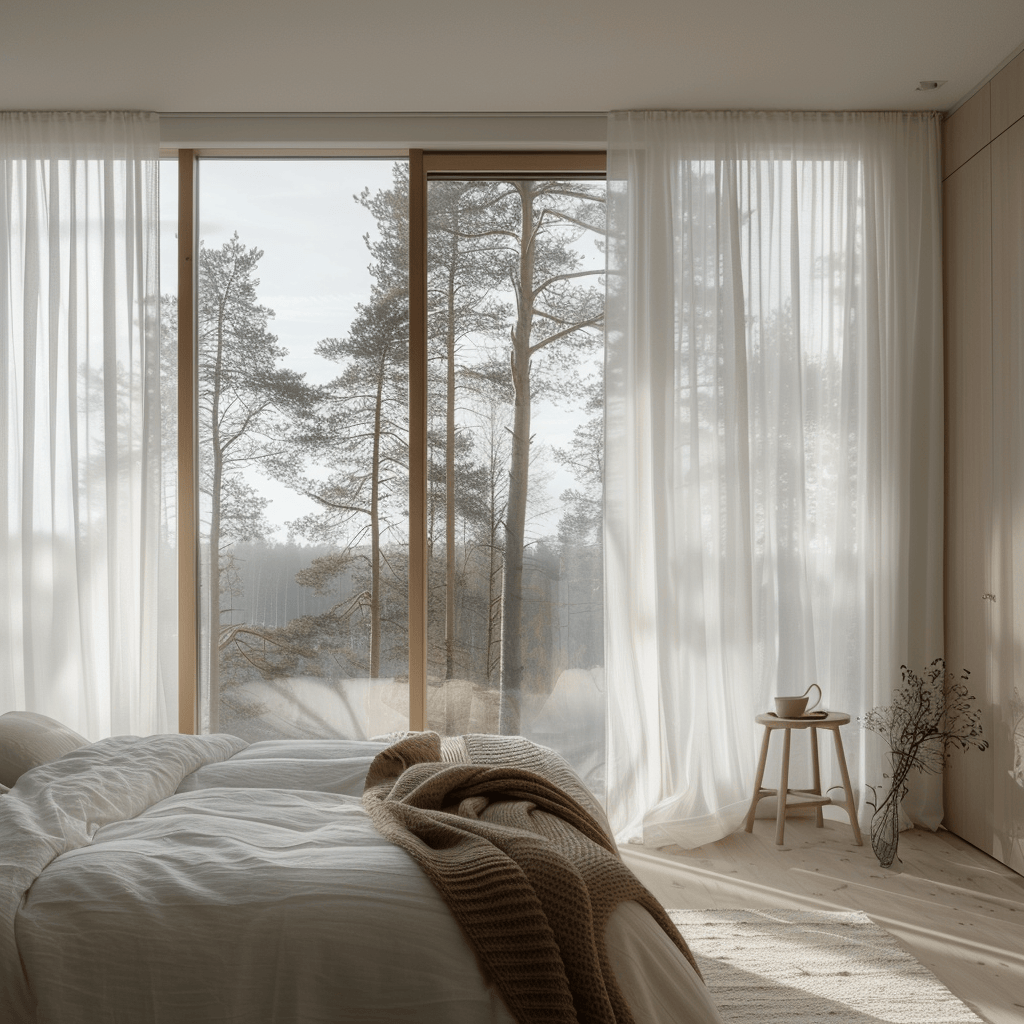 Scandinavian bedroom with carefully selected window treatments that frame and enhance the view