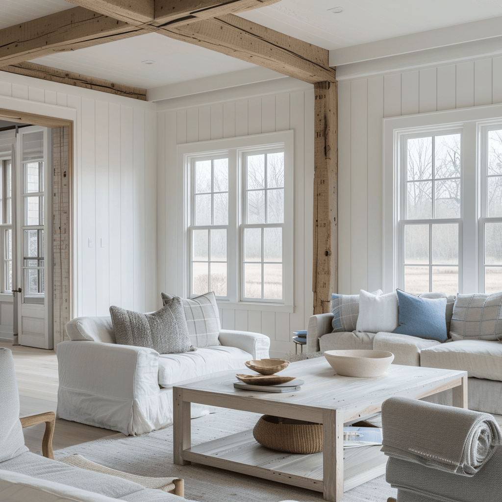 Scandinavian color scheme of white, light wood, pale blue, and soft gray in a farmhouse interior