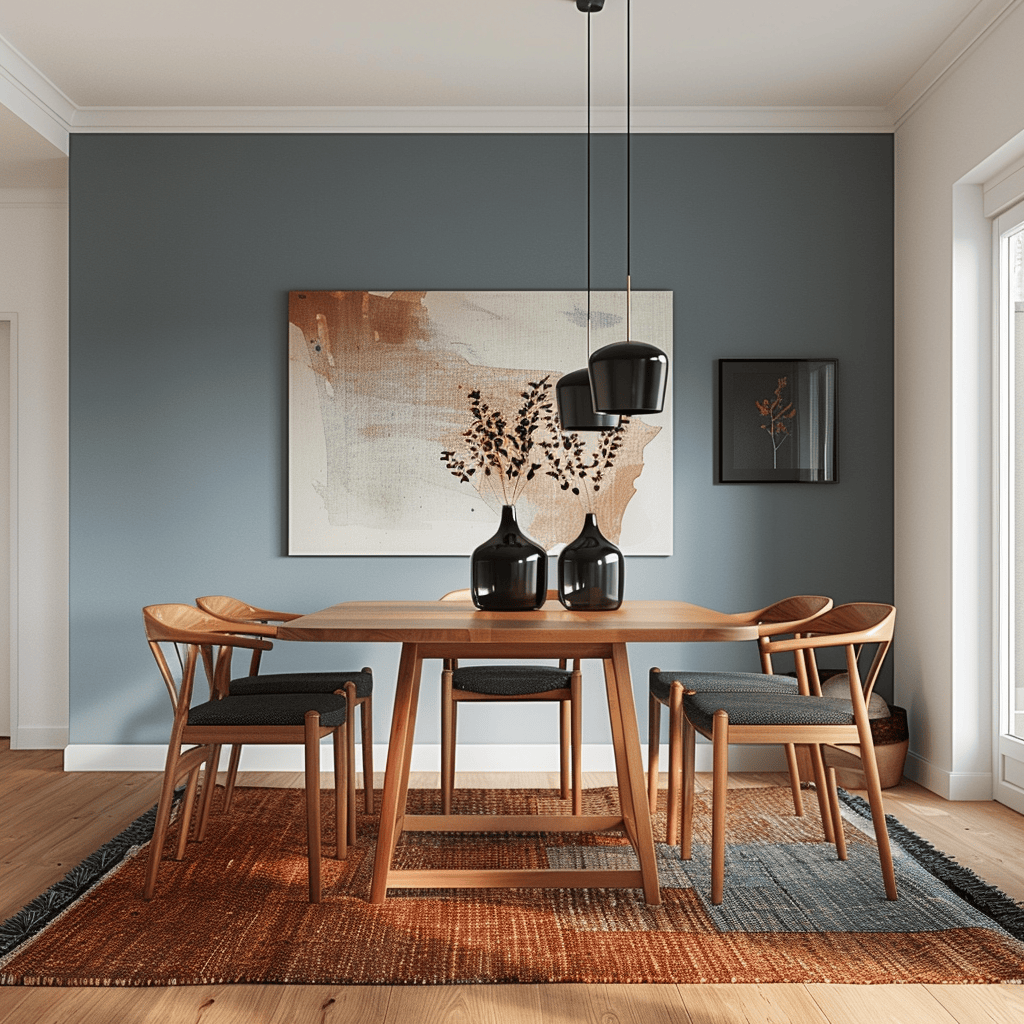 Scandinavian dining space features a bold, complementary color pairing of pale blue and rich terracotta