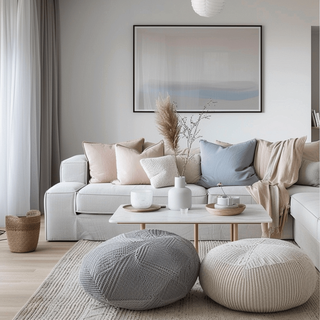 Scandinavian interior achieves a balanced, cohesive look by combining a neutral base with gentle pastel pink and blue accents
