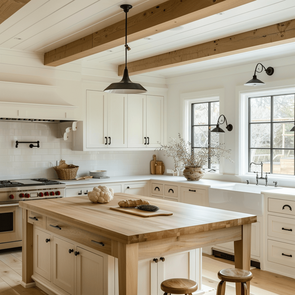 Scandinavian interior design elements, such as white cabinets and light wood, seamlessly integrate into a traditional farmhouse kitchen