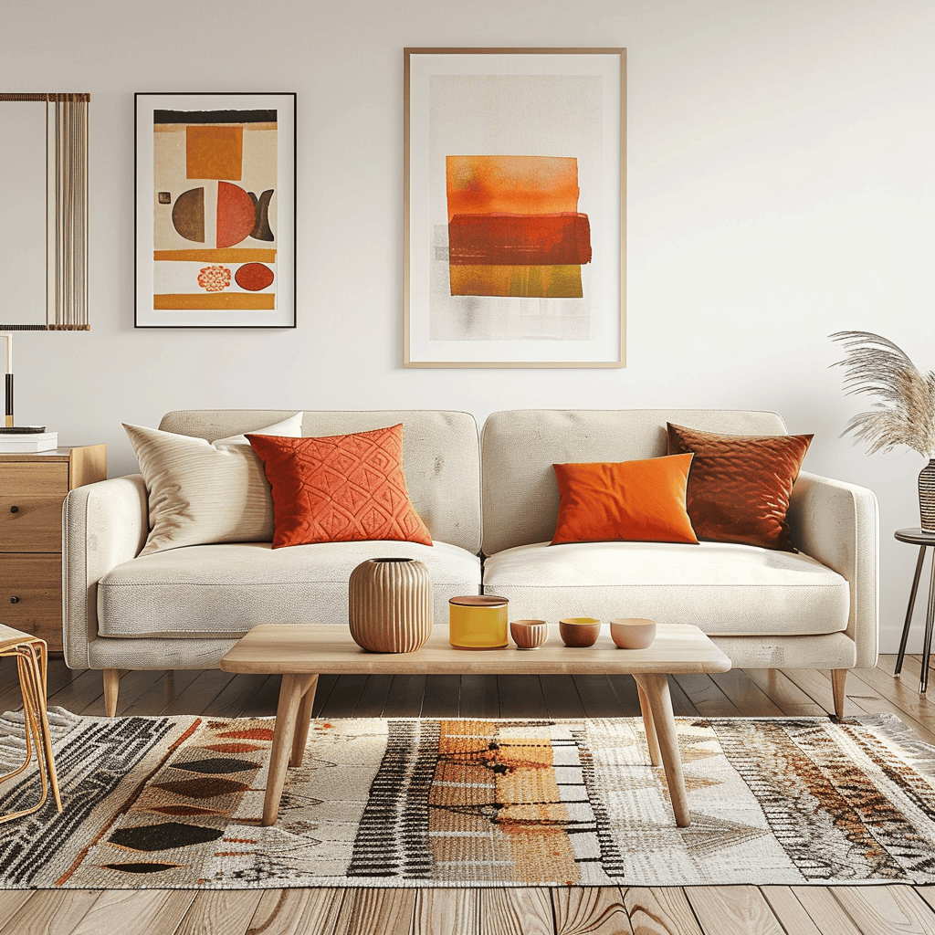 Scandinavian interior incorporates mid-century modern elements, such as a streamlined sofa and bold accent colors, for a fresh, eclectic look