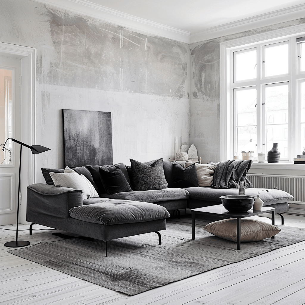 Scandinavian interior showcases a polished, harmonious look with a monochromatic gray palette, from pale to dark tones