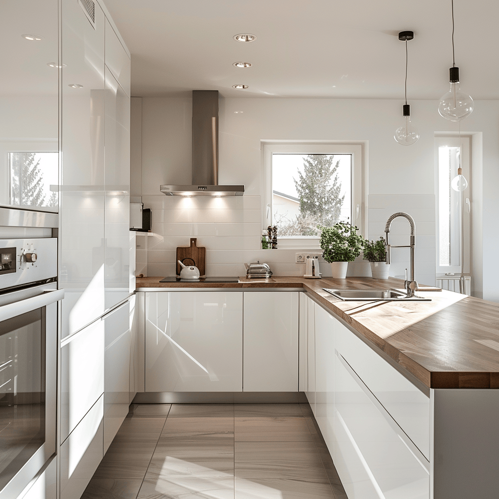 Scandinavian interior showcases a practical, streamlined kitchen design with white cabinets, wood counters, stainless steel, and understated lighting
