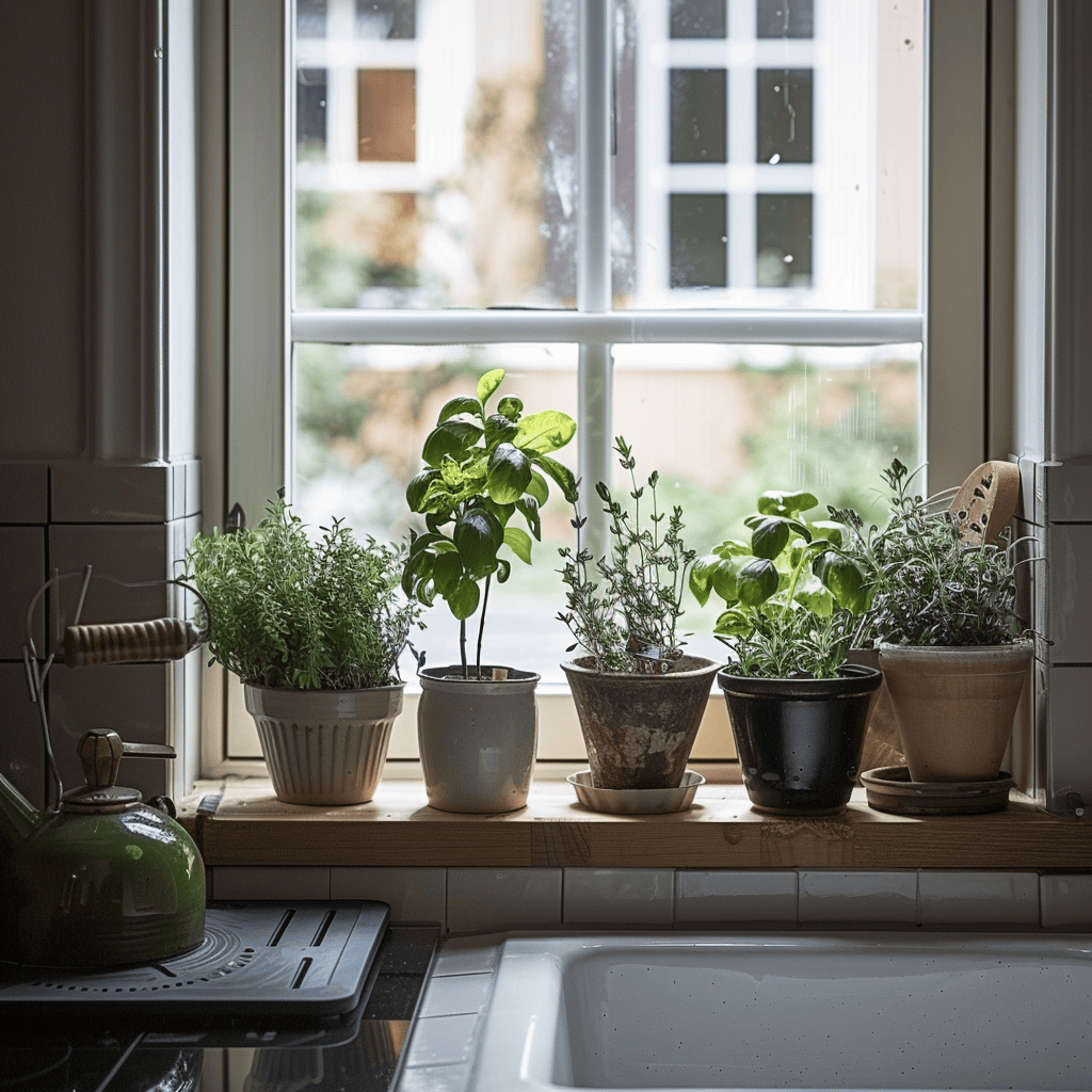 Scandinavian kitchen features a natural touch with potted herbs and succulents on the windowsill