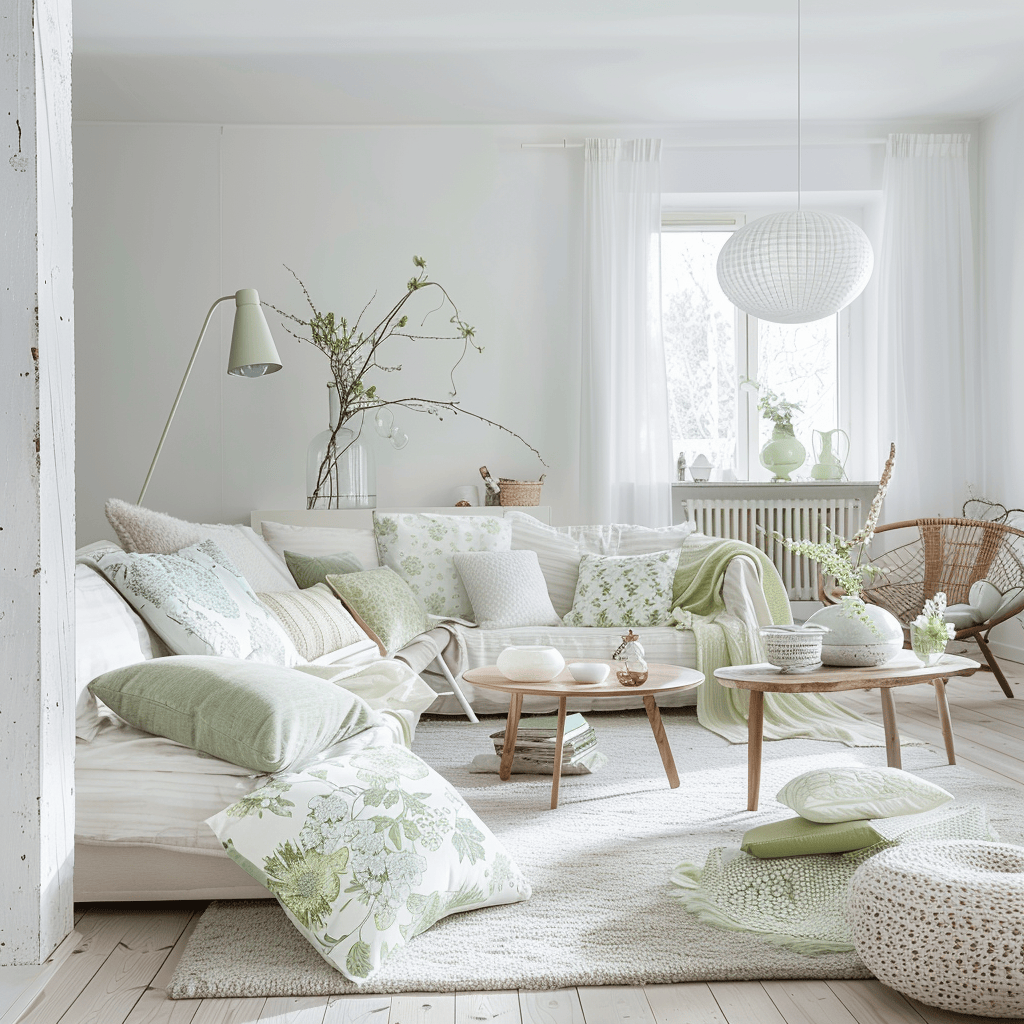 Scandinavian living space features a lively, spring-like atmosphere with pastel hues, white elements, and pops of green