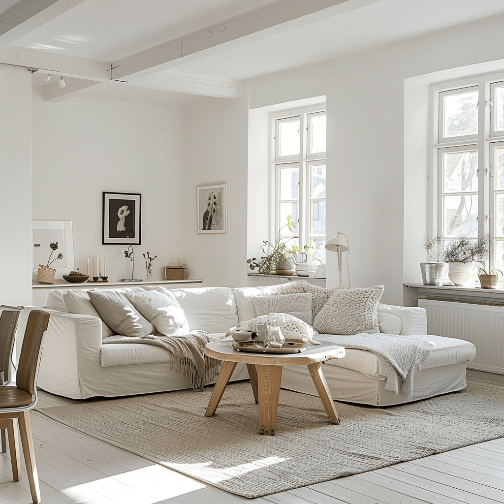 Scandinavian living space uses multiple shades of white to create a fresh, inviting ambiance