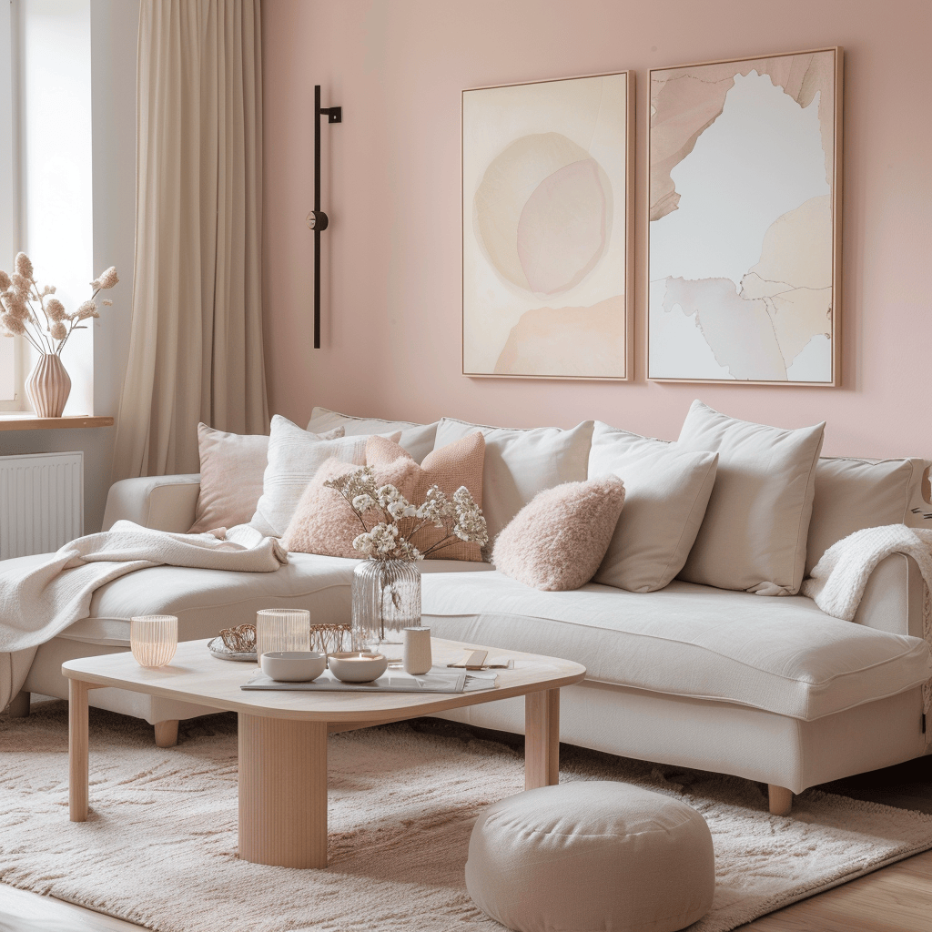 Scandinavian nursery features a gentle color palette of blush pink, white, and gray