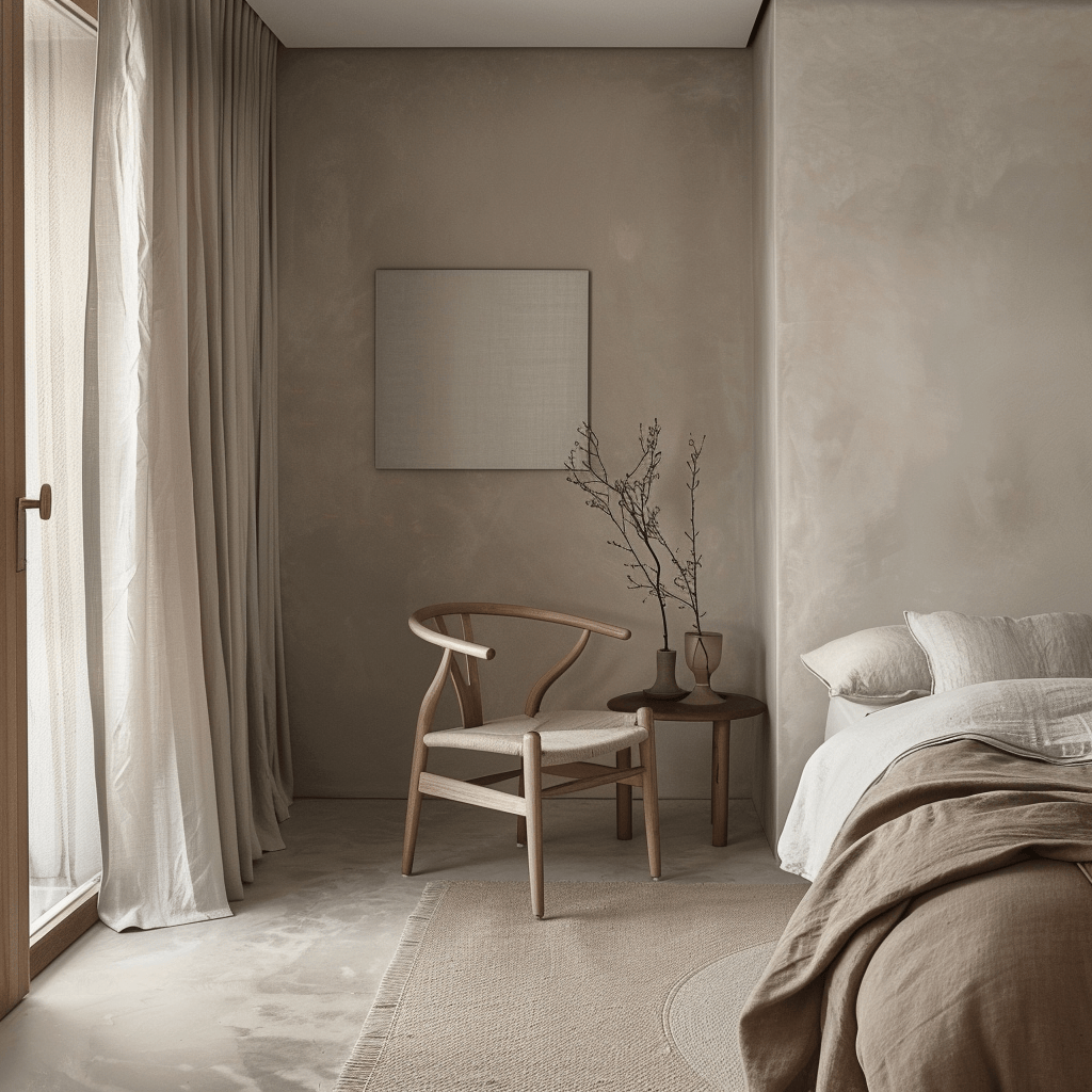 Sculptural interest added to a Scandinavian bedroom through the inclusion of a timeless Scandinavian chair design
