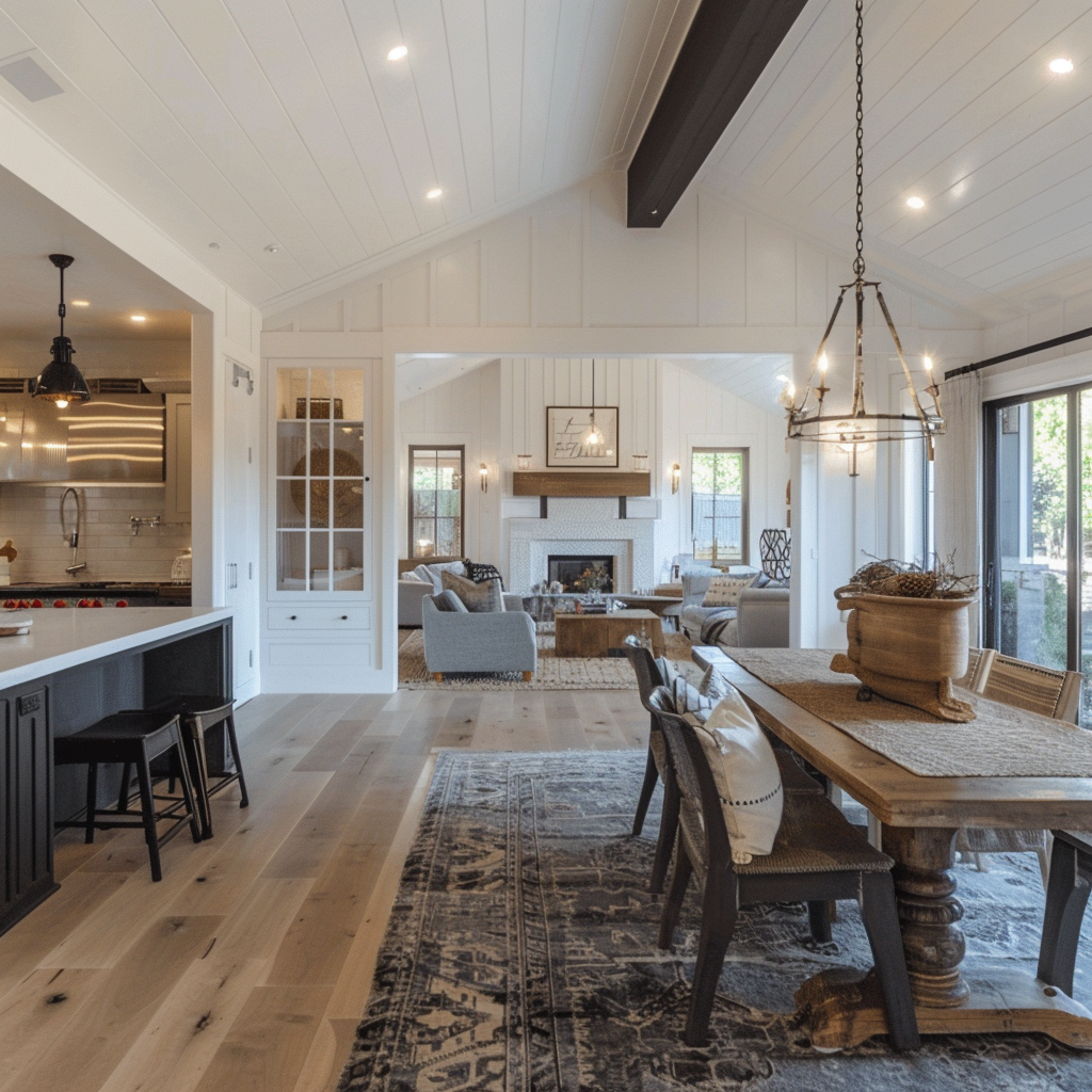 Seamless color transition in a modern farmhouse home from living area to kitchen