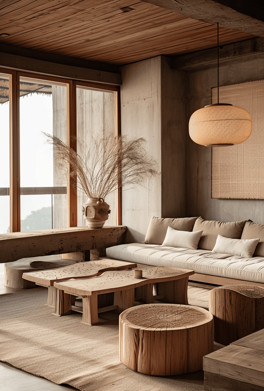Serene Japandi living area with handcrafted elements and zen-like space