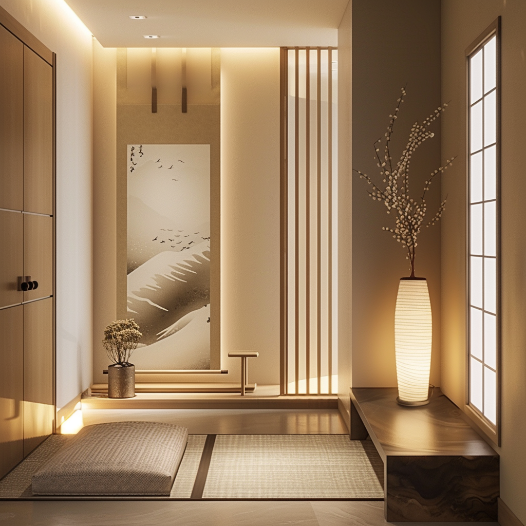 Serene Japanese hallway aesthetic with natural light and clean lines