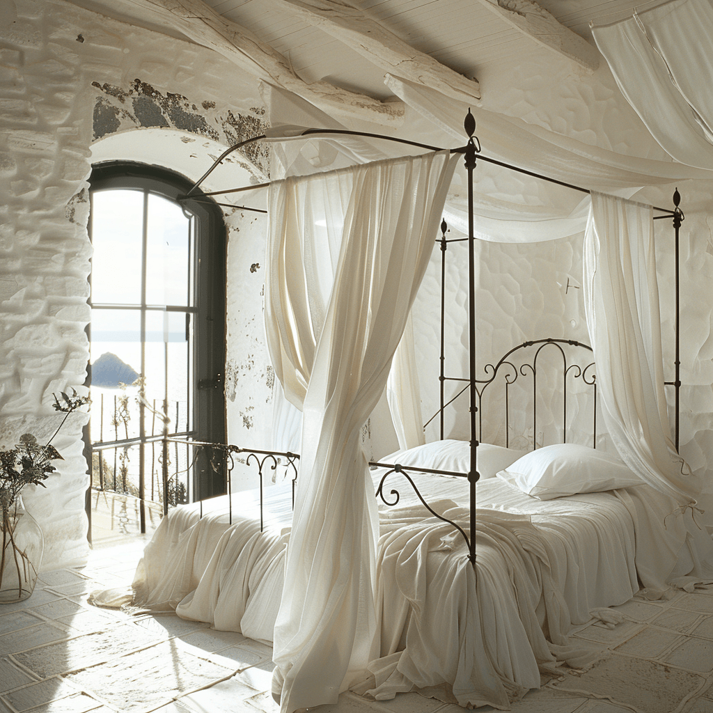 Serene Mediterranean bedroom capturing the laid-back, sun-drenched ambiance of coastal regions with natural materials, soothing colors, and timeless elegance