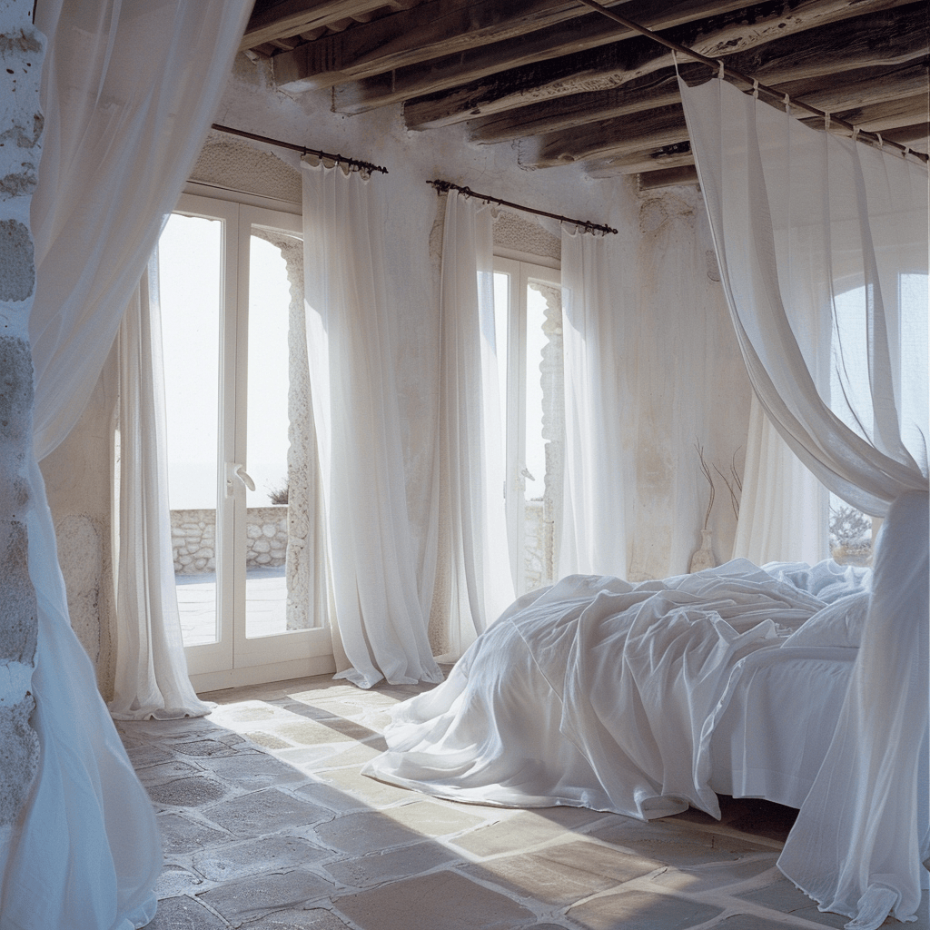 Serene Mediterranean bedroom with gauzy white curtains billowing in the gentle breeze, inviting a sense of tranquility