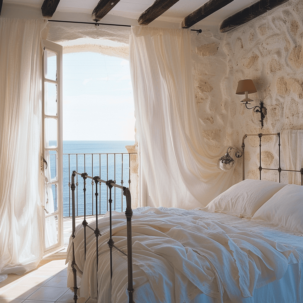 Serene Mediterranean bedroom with white-washed walls, wrought-iron bed frame, and gauzy curtains, capturing the essence of sun-drenched shores