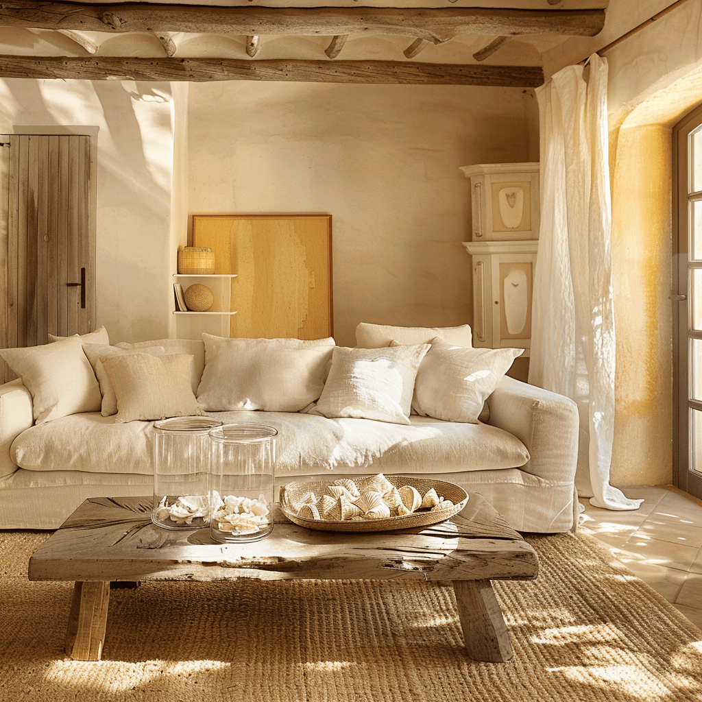 Serene Mediterranean living room showcasing sand-hued walls, a comfortable beige couch, earthy jute rug, driftwood table, and coastal accents