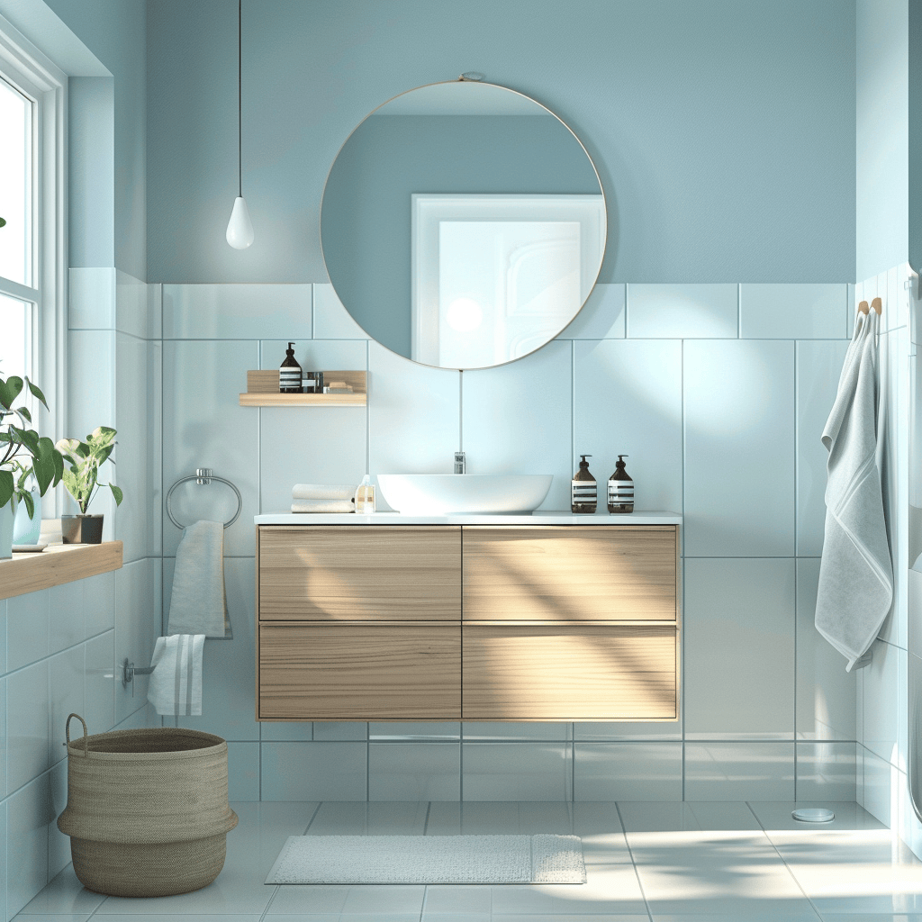 Serene Scandinavian bathroom with pale blue walls, white tiles, and light wood vanity