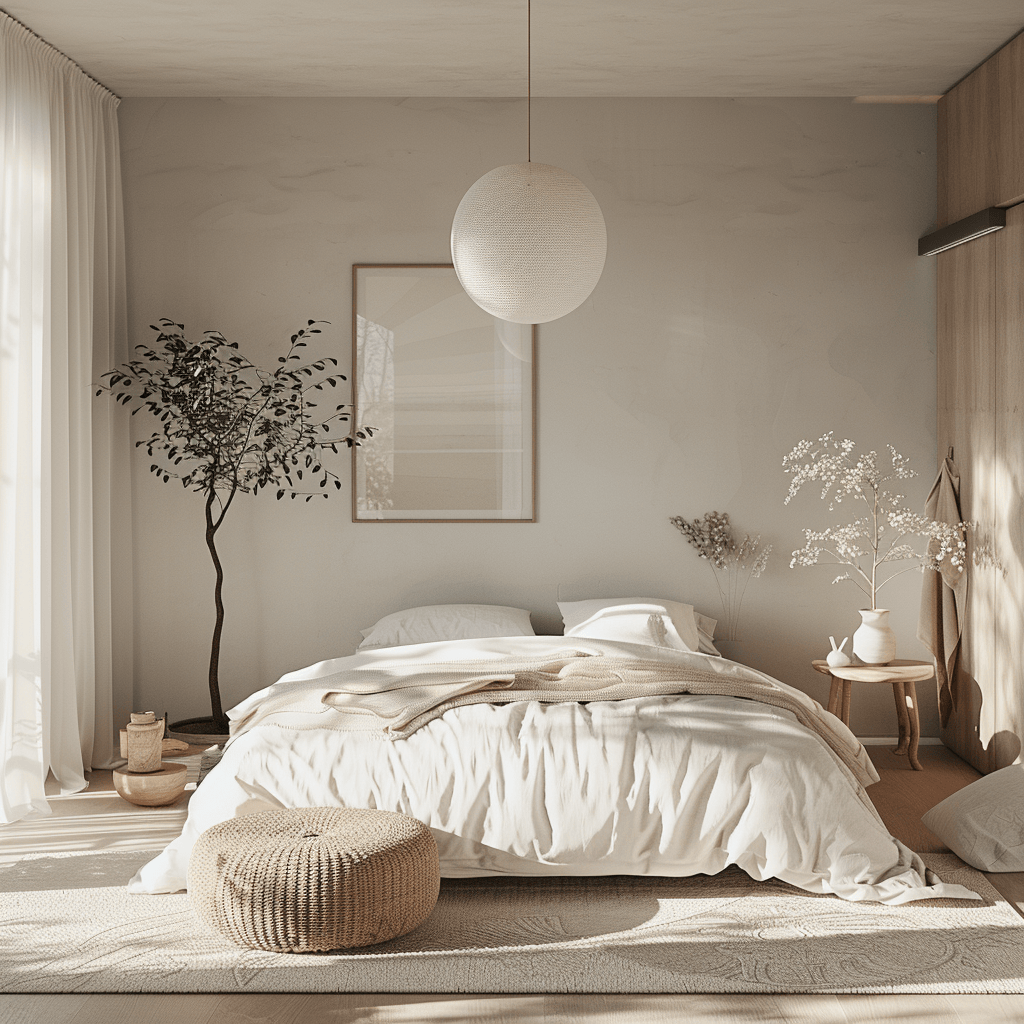Serene Scandinavian bedroom with whispering whites, soft grays, and nature-inspired accents