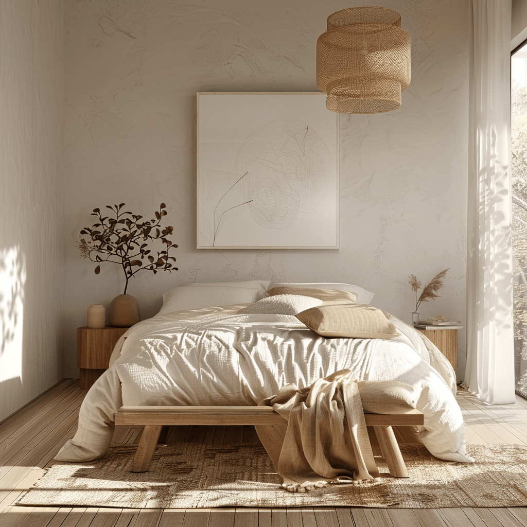Serene and minimalist Scandinavian bedroom that contributes to improved sleep quality and overall well-being