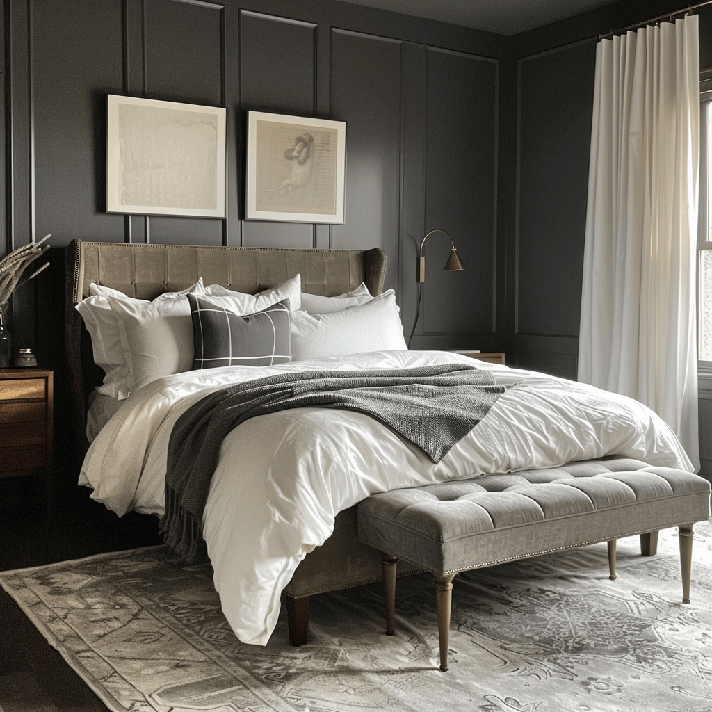 Serene bedroom featuring moody gray walls and crisp white bedding