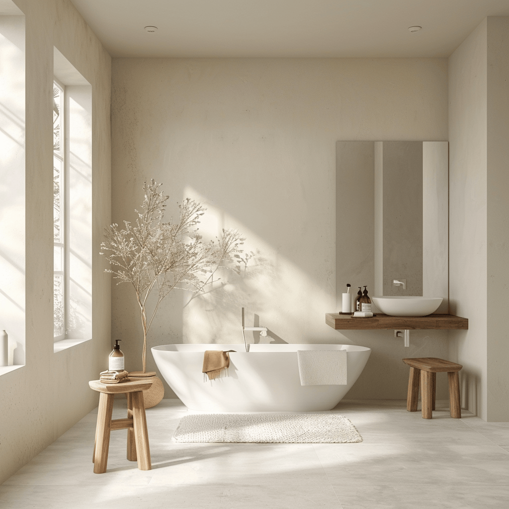 Serene minimalist Scandinavian bathroom interior with clean lines neutral colors and soft natural light
