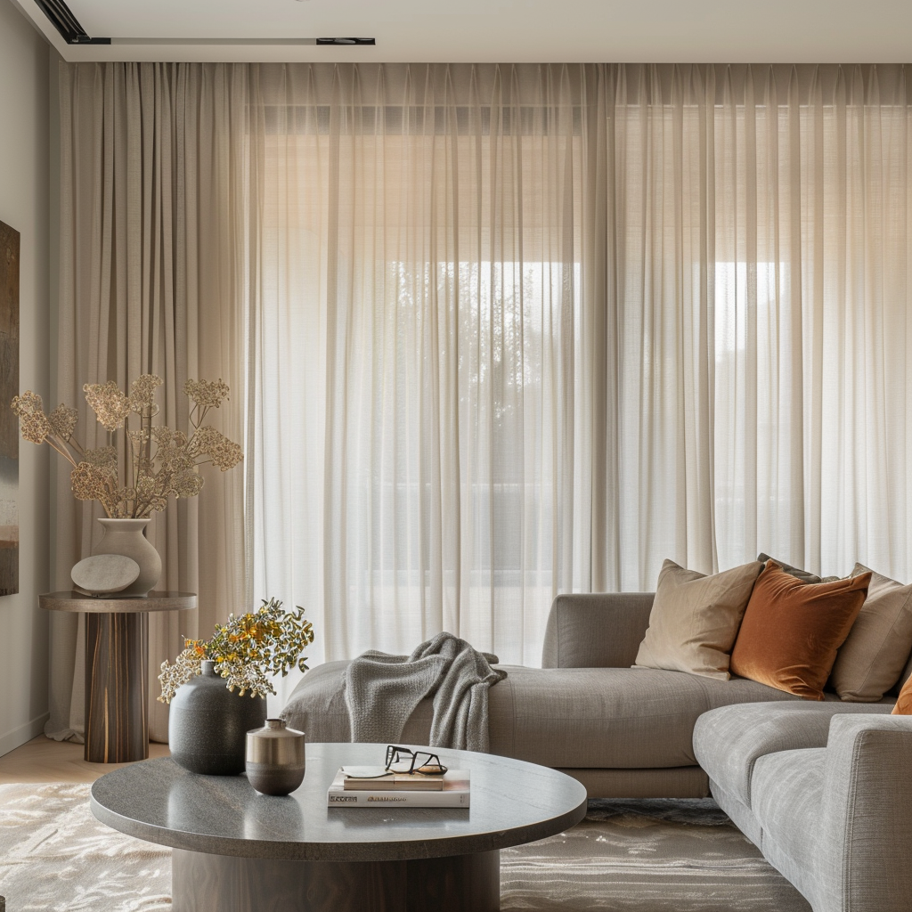 Sheer curtains with a subtle tone-on-tone stripe pattern add depth and texture to a chic living room1